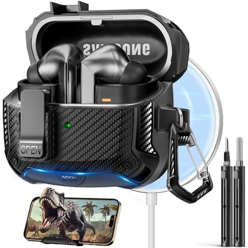 Safety Lock Case for Samsung Galaxy Buds3 FE/Pro/3 (Black) | Compatible with MagSafe, Carbon fibre texture Design,with Phone Stand& Cleaning kit,Keychain, - color: A-A-b-Black