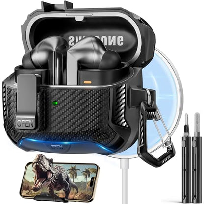 Safety Lock Case for Samsung Galaxy Buds3 FE/Pro/3 (Black) | Compatible with MagSafe, Carbon fibre texture Design,with Phone Stand& Cleaning kit,Keychain, - color: A-A-b-Black