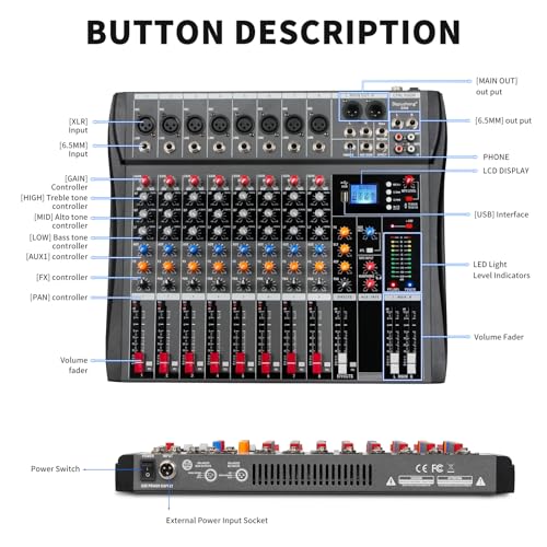 Depusheng Audio Mixer Professional 8 channel,DX8 Sound Board DJ Mixing Console System Interface USB MP3 Input Bluetooth 48V Phantom Power,Black, USB Audio Mixer for PC,for Studio Karaoke Live Music