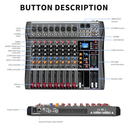 Depusheng Audio Mixer Professional 8 channel,DX8 Sound Board DJ Mixing Console System Interface USB MP3 Input Bluetooth 48V Phantom Power,Black, USB Audio Mixer for PC,for Studio Karaoke Live Music