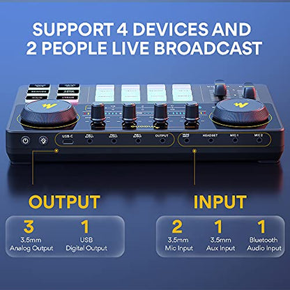 MAONO Podcast Equipment Bundle with Audio Mixer & 3.5mm Mic for Streaming | All-in-one audio production, PC and smartphone-compatible, 4 custom soundpads, for creators, home podcast setup AU-AM200-S6 - color: AU-AM200-S6 Black