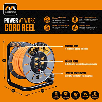 Masterplug 75ft Cord Reel, Retractable Extension Lead with Winding Handle, Safety Overload Circuit Breaker and Power Switch, 4x Grounded Outlets, 2x USB Ports, 15amps, 12AWG Cable - size: 75ft, style: 12 AWG
