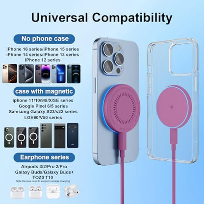 MagSafe Charger 2 Pack 15W Magnetic Wireless Charger Fast Charging Pad Compatible with iPhone 17/16/15/14/13/12 Series & AirPods 4/3/2/Pro Magnetic MagSafe Charging Pad with Dual Ports-Purple | Two USB-C cables and two USB-A adapters, compatible with iPho