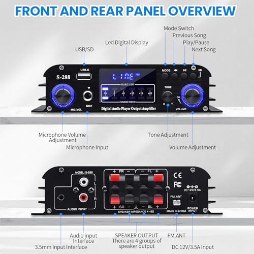 S-288 Bluetooth 5.0 4-Channel Amplifier, 40W x 4 - color: S-288