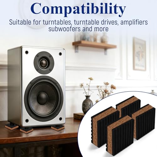 Cork Soundproofing Mats and Vinyl Record Soundproofing Feet, 2” x 2” x 7/8” Dimensions for Turntable Amplifiers Subwoofers Record Players Vibration Isolation and Noise Reduction (4-Pack)