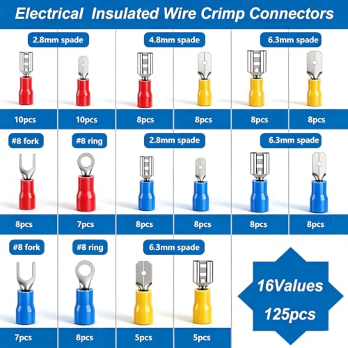 smseace Wire Crimp Connectors 2.8mm/4.8mm/6.3mm 22-10AWG Male and Female Connector kit Insulated Wire Spade/Fork/Ring Electrical Speaker Connector - size: 125Pcs