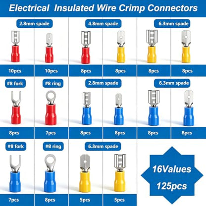 smseace Wire Crimp Connectors 2.8mm/4.8mm/6.3mm 22-10AWG Male and Female Connector kit Insulated Wire Spade/Fork/Ring Electrical Speaker Connector - size: 125Pcs