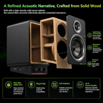 60W HiFi Bluetooth Bookshelf Speakers, MDF Wooden Computer Speakers with HDMI ARC for TV, 2.0 Active Desktop Speakers with USB DAC, Silk Dome Tweeter & 3.5" Woofer. - color: Black