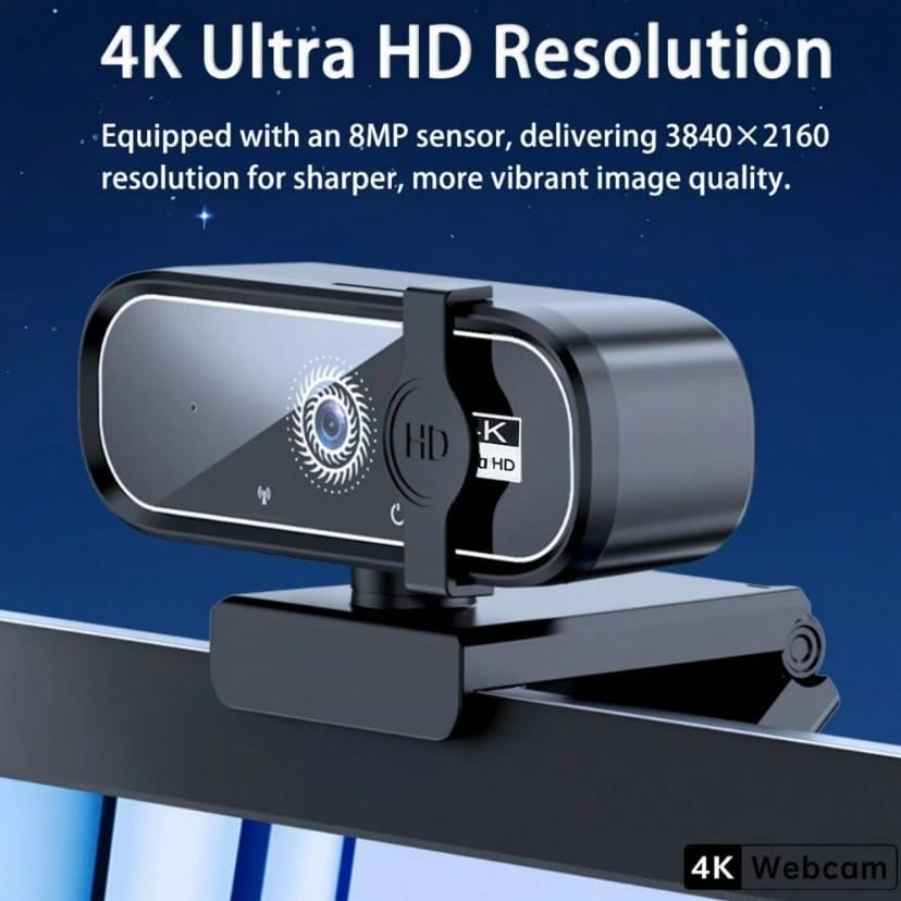 FHD 4K Webcam with AutoFocus, USB Desktop Camera, Black Webcam, Built-in Microphone for Video Conferencing, Online Meetings, Universal Tripod-Ready Clip fits laptops and LCD Monitors.