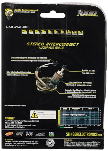 Stinger SI121.5 1.5Ft 1000 Series 2-Channel Audiophile Grade RCA Stereo Interconnect Cable | Audiophile grade short amp patch cord, links head unit preamp outputs to amplifier inputs, low noise car audio signal run