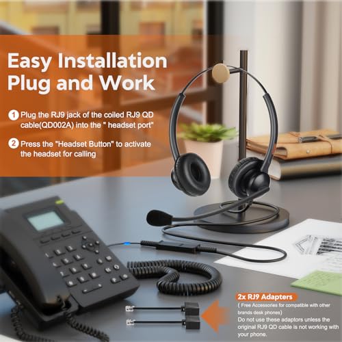 Lightweight Wired RJ9 Telephone Headphone Call Center Headset, Corded Deskphone Headset Compatible with Grandstream Sangoma Snom Yealink T26 T31 T33 T42 T46 T48 T53 T54 etc IP Phones