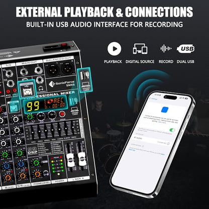 6 Channel DJ Audio Mixer, Professional Sound Board Console | DJ Mixer for Recording & Streaming, USB Drive, Media Playback, PC Audio Interface, EQ Control, 48V Phantom Power