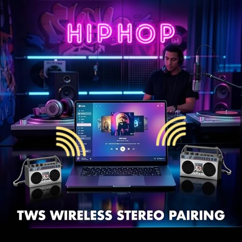Portable Bluetooth Speakers, Retro Speakers Bluetooth Wireless Wearable | Mini Bluetooth Boombox with 27” Neck Chain, FM Radio, On-Board Buttons, Dual 3W Peak Power Bluetooth Speaker for Anywhere - color: Silver
