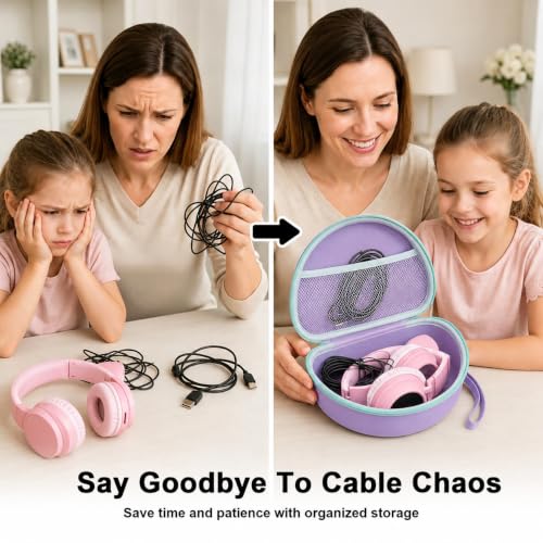 Headphone Case for Riwbox CT-7 Pink/for Jack CT-7S Cat Green 3.5mm/ for iClever IC-HS01/for Picun/for FosPower Bluetooth Wireless Over-Ear Headphones Headset Box Only,Purple | Headphone case for kids, hard EVA shell, mesh pocket, fits cat-ear over-ear mod