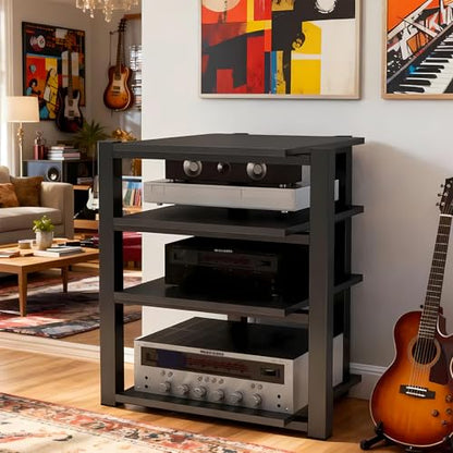 Heavy Duty Audio Rack Tower, Av Media Player Stand with Wooden Shelves, Black Cd Stereo Equipment Cabinet, Suitable for Home,Office/Audio Video/Theate (Black, 4 Tier) - size: 4 Tier