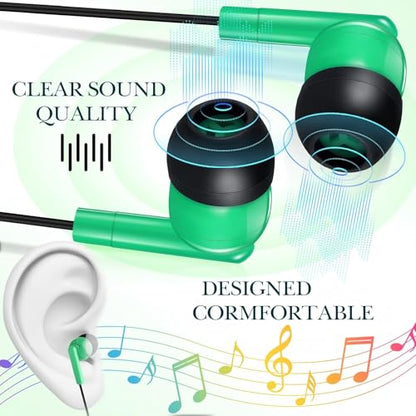 Kanayu 100 Pack Wired Earbuds Bulk for Classroom, 3.5MM No Mic,Green | Student Headphones for School Library Laptop, Individually Bagged Earphones with Jack for Training and Group Learning - color: Green
