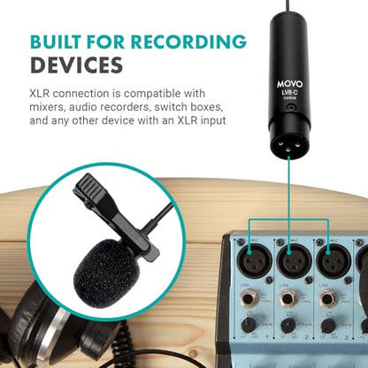 Movo LV8-C Broadcast-Quality XLR Lavalier Cardioid Condenser Wired Microphone with 12mm Mic Capsule for Accurate Voice Recording - Kit Includes Lapel Clip, Case and Windscreen