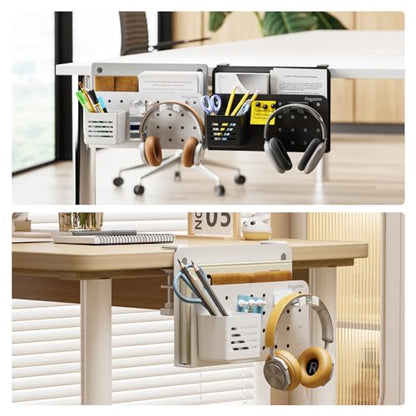 Desk Side Storage Organizer, Fits Flat Edge 0.4" to 2.2", White | No Drill Under Desk Laptop Holder, Clamp on Desks Shelf with Pegboard Accessories, Hanging Laptop Mount - color: White