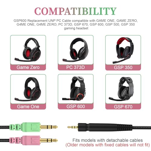 GSP 600 Cable for Sennheiser GAME ONE, GAME ZERO, PC 373D, GSP 670, GSP 500 | for GSP 350 Gaming Headset, PC, PS4, 6.6ft