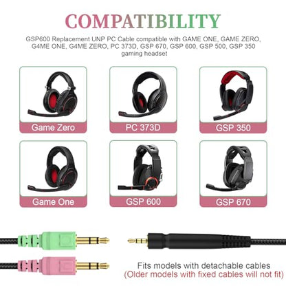 GSP 600 Cable for Sennheiser GAME ONE, GAME ZERO, PC 373D, GSP 670, GSP 500 | for GSP 350 Gaming Headset, PC, PS4, 6.6ft