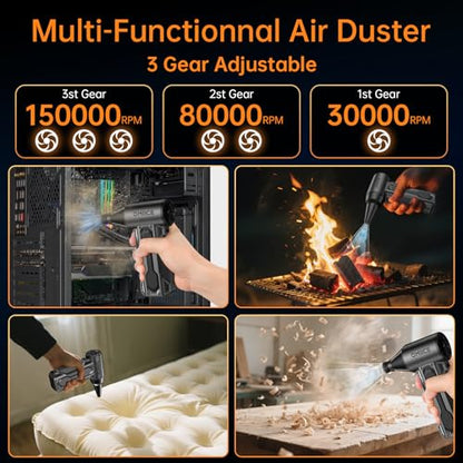 Compressed Air Duster, 150000RPM Electric Air Duster with 3 Gear Speed Adjustable, Rechargeable Cordless Dust Cleaner with Brush/Lighting for Keyboard, PC, Car, Outdoor, Air Bed