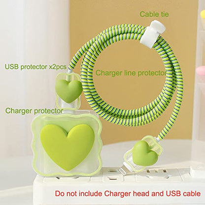 ZOSTLAND 5 in 1 DIY 18W 20W Heart Shape Protector Data Cable USB Charger Line Earphone Wire Saver Organizer Compatible with iPhone 11 12 13 14 15 Pro Max - color: Love Green