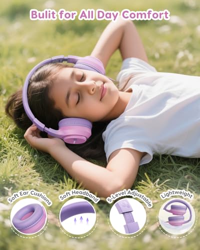 awatrue Kids Headphones for School, 74‑85‑94dB, 3.5mm Jack, HK07 | Foldable Wired Over Ear Headphones, for Toddler School/Travel/iPad/Tablet, Pink-Purple - color: Purple Pink