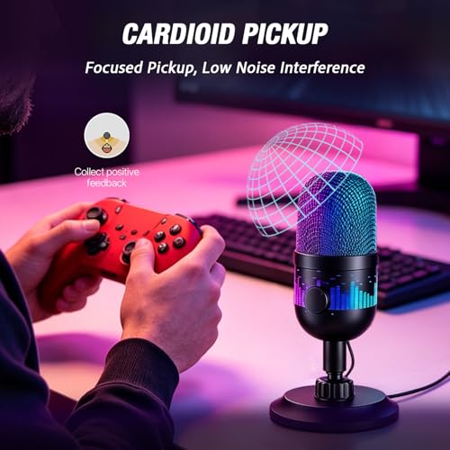 Gaming Microphone, USB Dynamic Gaming Mic for PC, Computer Gaming Streaming Mic with RGB Light, Mute Button, Gain Control, Desktop Podcast Mic for Recording Studio Twitch YouTube - RK102