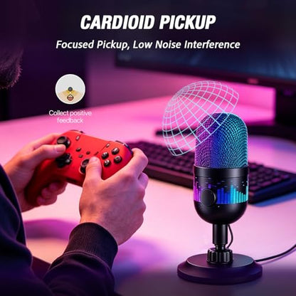 Gaming Microphone, USB Dynamic Gaming Mic for PC, Computer Gaming Streaming Mic with RGB Light, Mute Button, Gain Control, Desktop Podcast Mic for Recording Studio Twitch YouTube - RK102