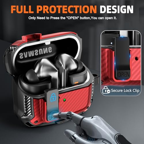 Safety Lock Case for Samsung Galaxy Buds3 FE/Pro/3 (RED) | Compatible with MagSafe, Carbon fibre texture Design,with Phone Stand& Cleaning kit,Keychain, - color: A-A-b-Red