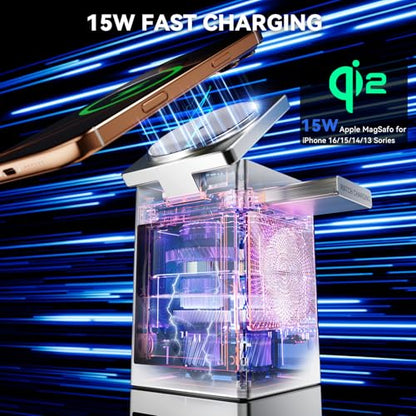 7-in-1 Magnetic Wireless Charging Station, Qi2 15W Fast Charging (Sliver) | Multifunctional Charger for Apple Multiple Devices, LCD Display with Bluetooth 5.3 Speaker, Alarm Clock (Adapter Included)