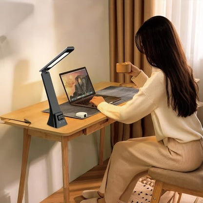 IHAO 3in1 Foldable Eye-Care Desk Lamp with 15W Wireless Charger & Digital Clock Touch Control, 3 Color Temperatures, Alarm, 180° Foldable, Phone Stand, Modern LED Table Lamp TYV-2088 Black - color: Table Lamp TYV-2088 Black