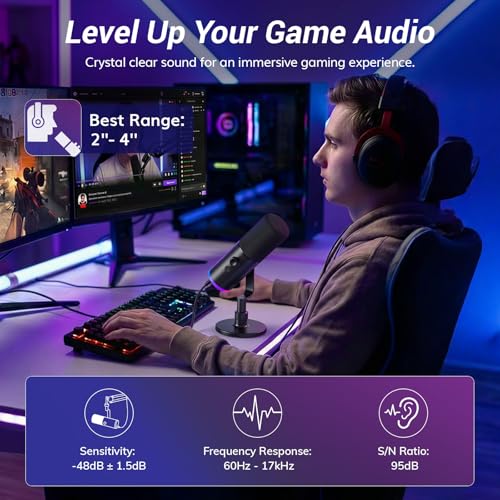 TONOR Dynamic Gaming Microphone XLR/USB Mic with AI Noise Cancellation | Desktop Stand Set, RGB, Tap Mute, 3.5mm Jack, Gain Control, Microfono for Content Creators, Black, TD510 AIR S