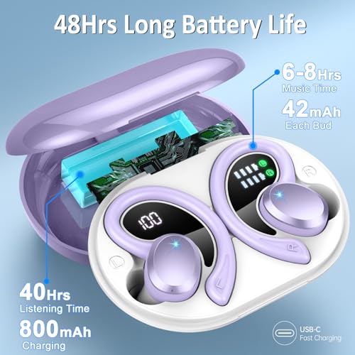 Wireless Earbuds Sport, 2025 Bluetooth 5.3 Headphones Bass Hi-Fi Stereo Over Ear Buds, 48Hrs Noise Cancelling Headset with Earhook, IP7 Waterproof Earphones Workout Running for Laptop Pad Android iOS - color: Purple