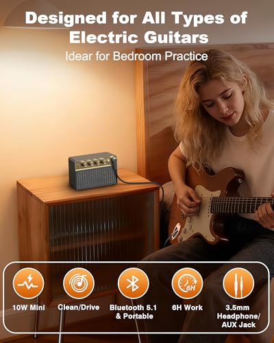 Guitar Amp with Clean Drive, 3.5mm /AUX 6H Work for Indoor Practice Travel | 10W Mini Guitar Amplifier USB-C Rechargeable Bluetooth Small Portable Amp