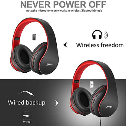 ZIHNIC Bluetooth Headphones Over-Ear, Foldable Wireless and Wired Stereo Headset Micro SD/TF, FM for Cell Phone,PC,Soft Earmuffs &Light Weight for Prolonged Wearing (Black/red) - color: Red