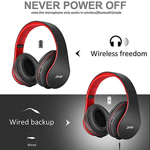 ZIHNIC Bluetooth Headphones Over-Ear, Foldable Wireless and Wired Stereo Headset Micro SD/TF, FM for Cell Phone,PC,Soft Earmuffs &Light Weight for Prolonged Wearing (Black/red) - color: Red