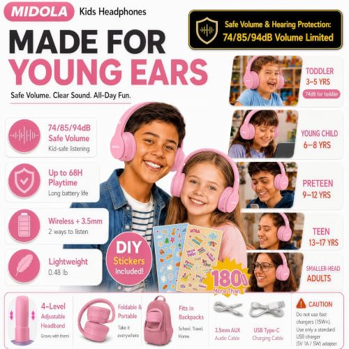 MIDOLA Kids Headphones Bluetooth 5.4 Wireless 68H Play Time Volume Limit 85/94dB Over-Ear Foldable Headset,Type-C Fast Charging,with Wired Aux Mic for Toddler Child Pad Tablet Pink | Adjustable Headband Foldable Over-Ear Lightweight Headsets for Toddler G