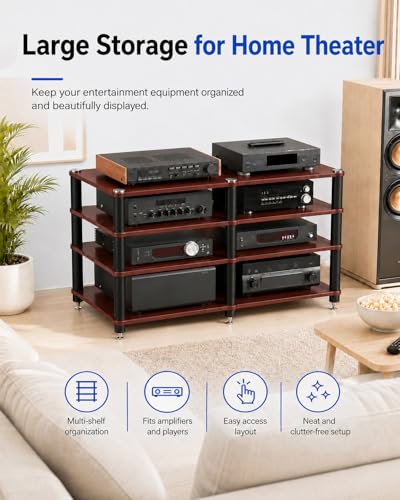 4 Tier Heavy Duty AV Media Stand, Stereo Stands and Racks, Teak | Audio Tower HIFI Rack Stereo Shelf 352 lb Load Capacity, vibration-dampening feet, open ventilation, Built for Hi-Fi systems - color: Teak, size: 4 tier