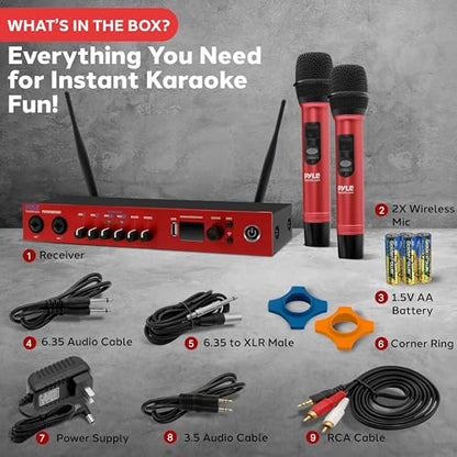 Pyle UHF Wireless Microphone System, Bluetooth, Handheld Mics, Receiver Base, Selectable Frequency, Karaoke, Professional Use, Battery Operated, 165 ft Range, Echo Control, Includes Cables - color: Red