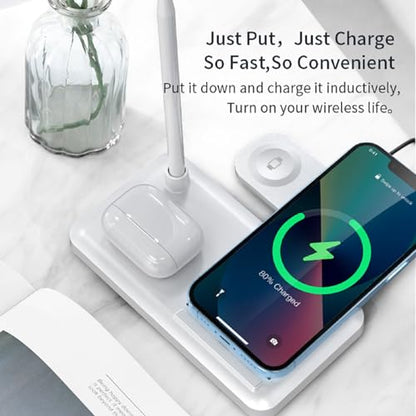 Wireless Charging Station Charger Stand - 4 in 1 Wireless Charger 15W Fast Charging Stand for iPhone 8-16 Series, for iWatch 2-10 Series/Ultra/SE, for AirPods4/3/2/Pro, for Apple Pencil 1st Generation