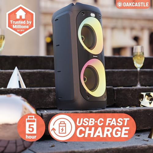 Portable Bluetooth Party Speaker | 80W Power & Rechargeable Battery up to 5H | Big Bluetooth Speaker 2.0 with Wired Microphone | Karaoke Mode, Party LED Lights & EQ Control | Oakcastle PS200