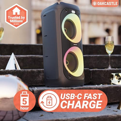 Portable Bluetooth Party Speaker | 80W Power & Rechargeable Battery up to 5H | Big Bluetooth Speaker 2.0 with Wired Microphone | Karaoke Mode, Party LED Lights & EQ Control | Oakcastle PS200