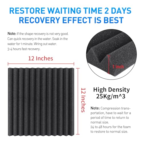 Focusound 120 Pack Acoustic Foam Panels 1" x 12" x 12" Sound Proof Foam Panels Soundproofing Noise Cancelling Wedge Panels for Home Office Recoding Studio with 600 PCS Double-Side Adhesive - size: 120 Pack