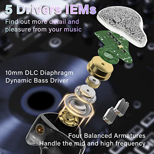 BASN Bmaster5 in Ear Monitor,5 Driver Noise Isolation IEM Headphone(Silver) | HiFi Wired IEM Earphone for Musician Drummer Bassist,10mm DLC Diaphragm,4 Balanced Armatures, Pentaconn Connector OFC Cable - color: Silver