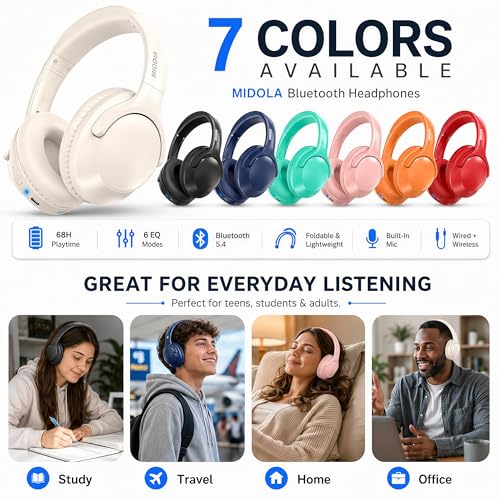 Bluetooth Headphones Wireless 68H with Mic,Decent Sound-Acceptable Milk | Adjustable Headband Foldable Over-Ear Lightweight for Office/Travel/Tablet/iPad/Laptop,HD Stereo Sound,Aux 3.5mm,White - color: Milk White