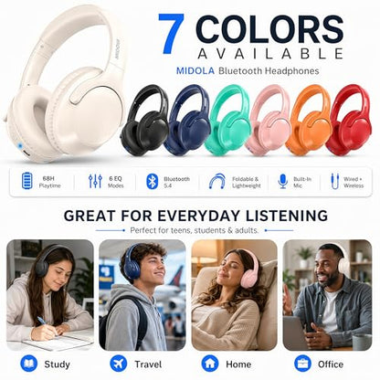 Bluetooth Headphones Wireless 68H with Mic,Decent Sound-Acceptable Milk | Adjustable Headband Foldable Over-Ear Lightweight for Office/Travel/Tablet/iPad/Laptop,HD Stereo Sound,Aux 3.5mm,White - color: Milk White