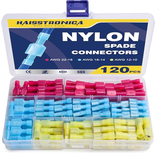 haisstronica 120 PCS Nylon Spade Connector, Male/Female, AWG 22-10 | Thick Crimp Barrels, Thick-Wall Nylon Sleeves, Auto and Trailer Repairs, Marine Wiring, Quick-Disconnect Wire Crimp Terminals - size: 120 PCS