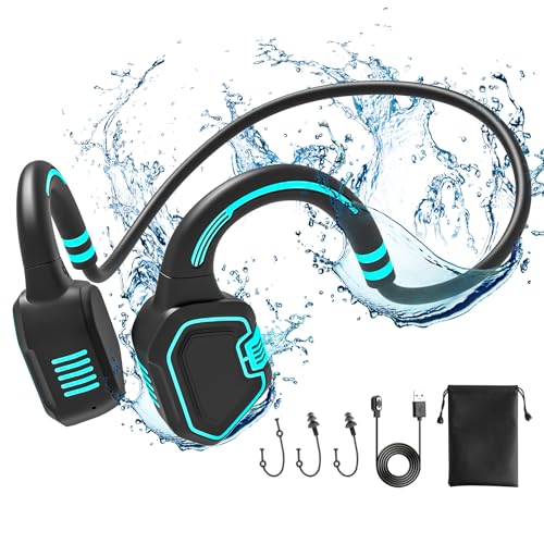 Bone Conduction Headphones Swimming Headphone - IP68 Waterproof Open Ear Headphones with MP3 Play 32G Memory Inductive Wireless Bluetooth Sports Headset for Running Swimming (Blue)