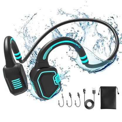 Bone Conduction Headphones Swimming Headphone - IP68 Waterproof Open Ear Headphones with MP3 Play 32G Memory Inductive Wireless Bluetooth Sports Headset for Running Swimming (Blue)